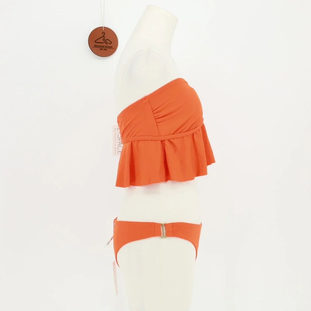 L*Space Orange Ruffle Bandeau Bikini Set Bitsy Cut Bottoms Large Beachwear Swim